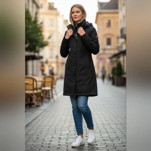 Post Card Luxury Italian Black Hooded Raincoat Size 0 EUC Water Repellent